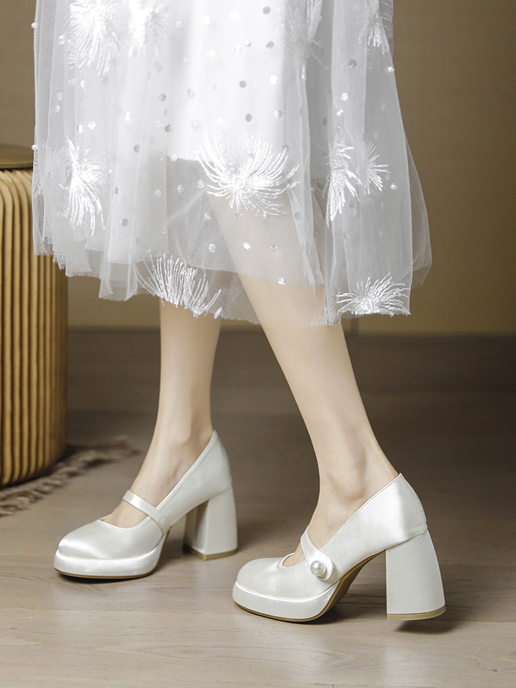 Waterproof Chunky Platform High Heels for Women, Round Toe Mary Jane Wedding Shoes, Thick Sole, Large Size 42-43 Waterproof Chunky Platform High Heels for Women, Round Toe Mary Jane Wedding Shoes, Thick Sole, Large Size 42-43