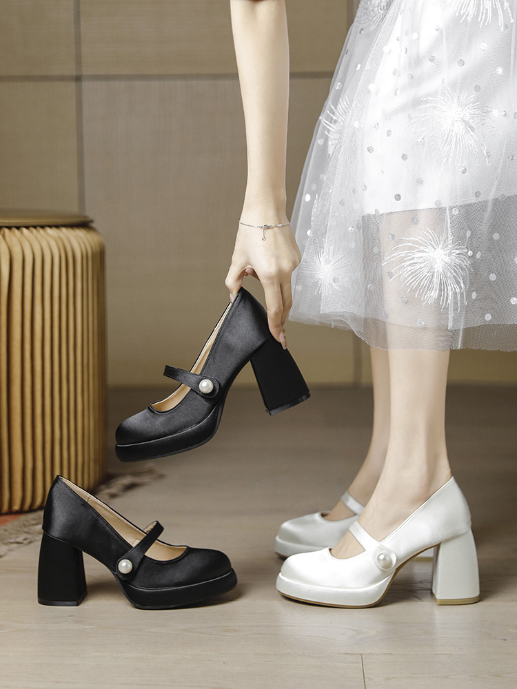 Waterproof Chunky Platform High Heels for Women, Round Toe Mary Jane Wedding Shoes, Thick Sole, Large Size 42-43 Waterproof Chunky Platform High Heels for Women, Round Toe Mary Jane Wedding Shoes, Thick Sole, Large Size 42-43