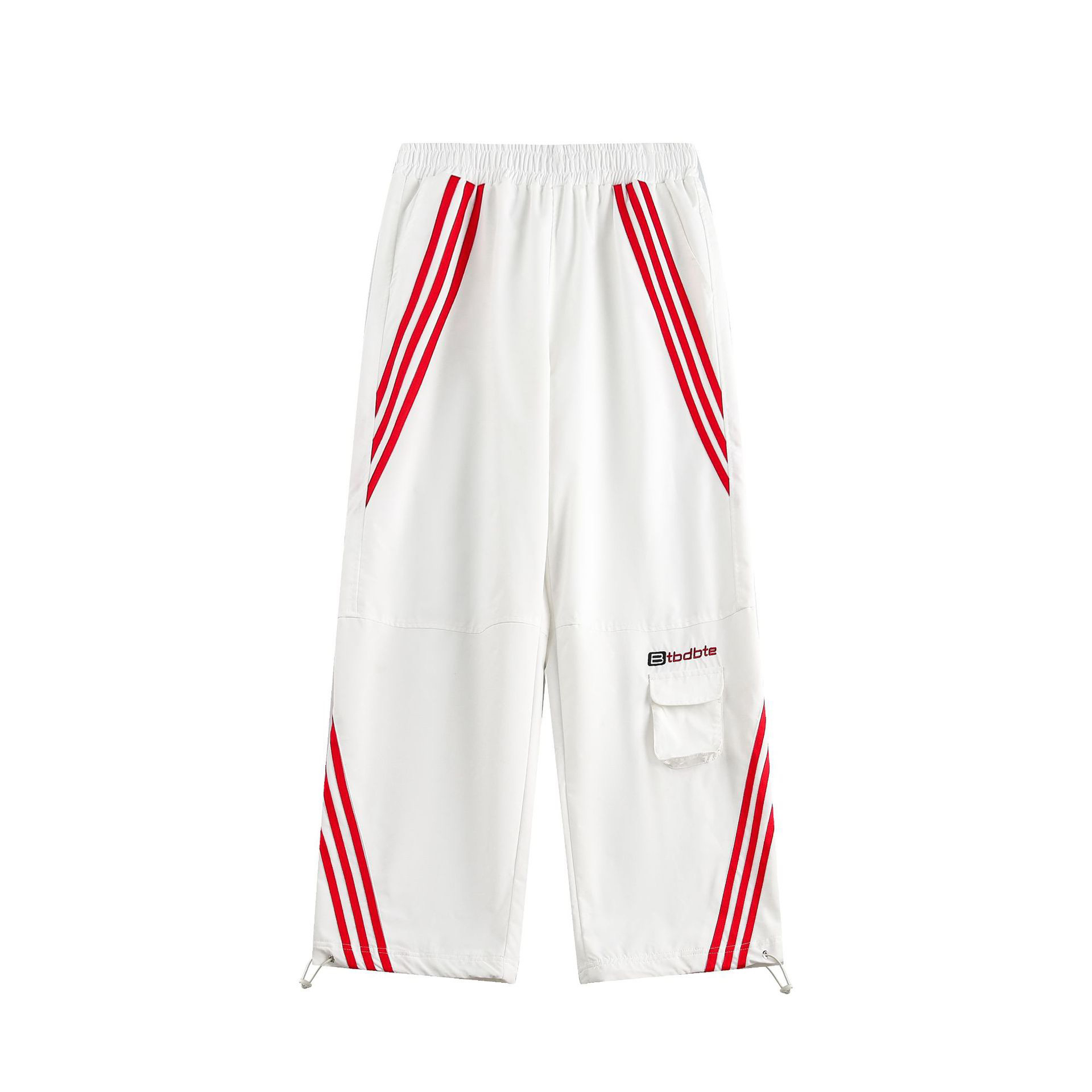 White and Red K-Pop Cargo Pants for Women - Three Stripes Straight-Leg Casual Long Trousers - Trendy Jazz Dance Style
