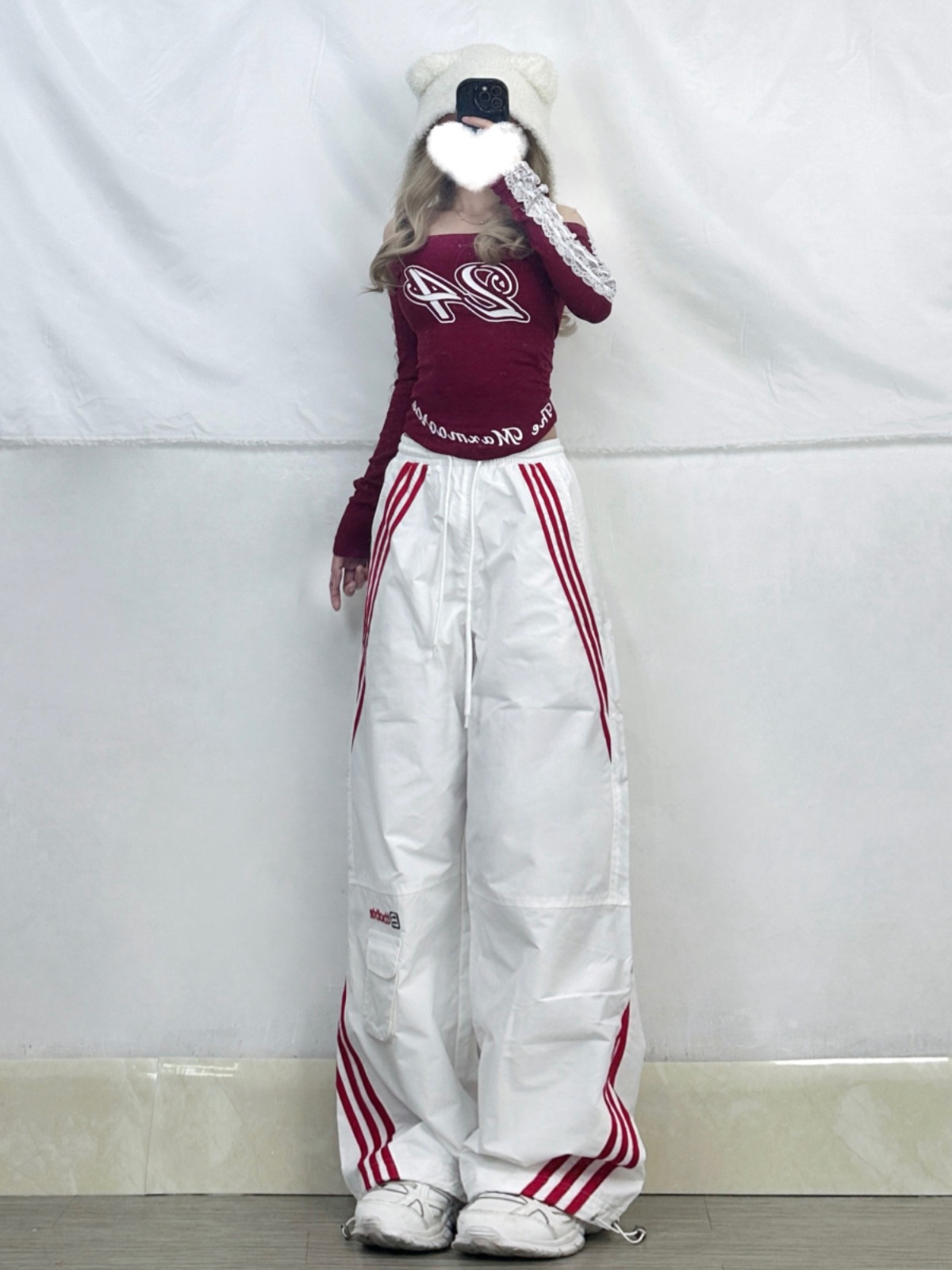 White and Red K-Pop Cargo Pants for Women - Three Stripes Straight-Leg Casual Long Trousers - Trendy Jazz Dance Style