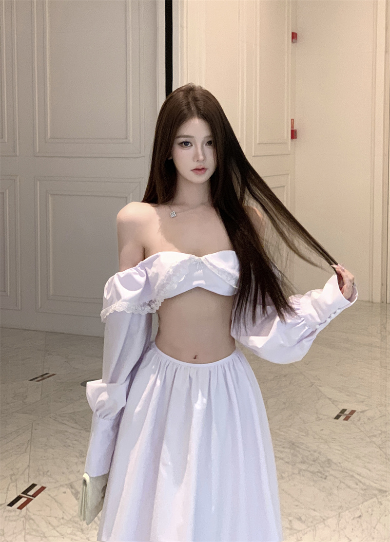 White Bow Strapless Long Sleeve Two-Piece Set with Big Swing Skirt for Beach Vacation - Trendy Island Style Outfit for Women