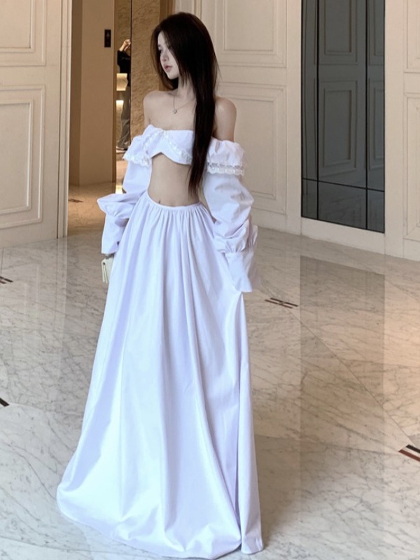 White Bow Strapless Long Sleeve Two-Piece Set with Big Swing Skirt for Beach Vacation - Trendy Island Style Outfit for Women White Bow Strapless Long Sleeve Two-Piece Set with Big Swing Skirt for Beach Vacation - Trendy Island Style Outfit for Women