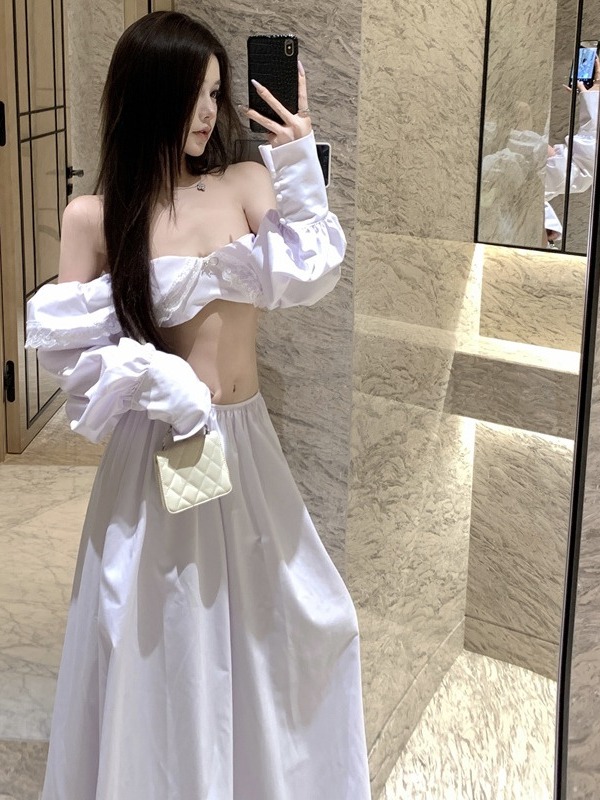 White Bow Strapless Long Sleeve Two-Piece Set with Big Swing Skirt for Beach Vacation - Trendy Island Style Outfit for Women