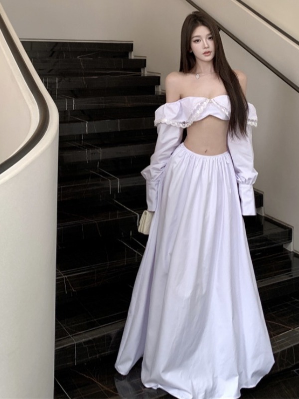 White Bow Strapless Long Sleeve Two-Piece Set with Big Swing Skirt for Beach Vacation - Trendy Island Style Outfit for Women White Bow Strapless Long Sleeve Two-Piece Set with Big Swing Skirt for Beach Vacation - Trendy Island Style Outfit for Women