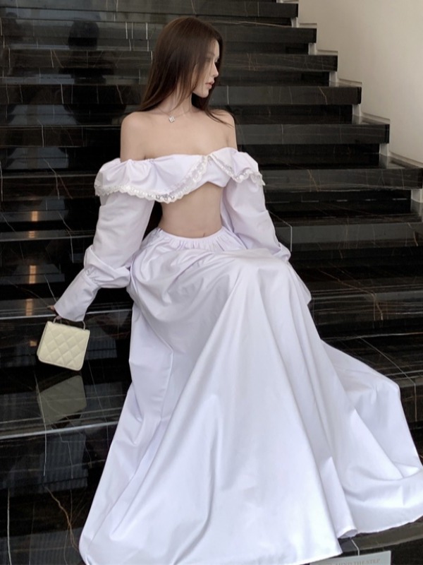 White Bow Strapless Long Sleeve Two-Piece Set with Big Swing Skirt for Beach Vacation - Trendy Island Style Outfit for Women White Bow Strapless Long Sleeve Two-Piece Set with Big Swing Skirt for Beach Vacation - Trendy Island Style Outfit for Women