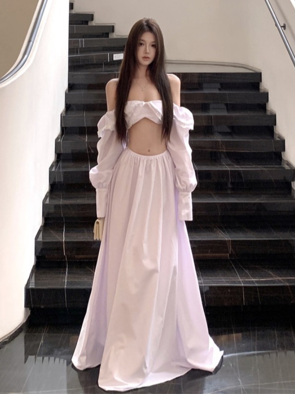 White Bow Strapless Long Sleeve Two-Piece Set with Big Swing Skirt for Beach Vacation - Trendy Island Style Outfit for Women White Bow Strapless Long Sleeve Two-Piece Set with Big Swing Skirt for Beach Vacation - Trendy Island Style Outfit for Women