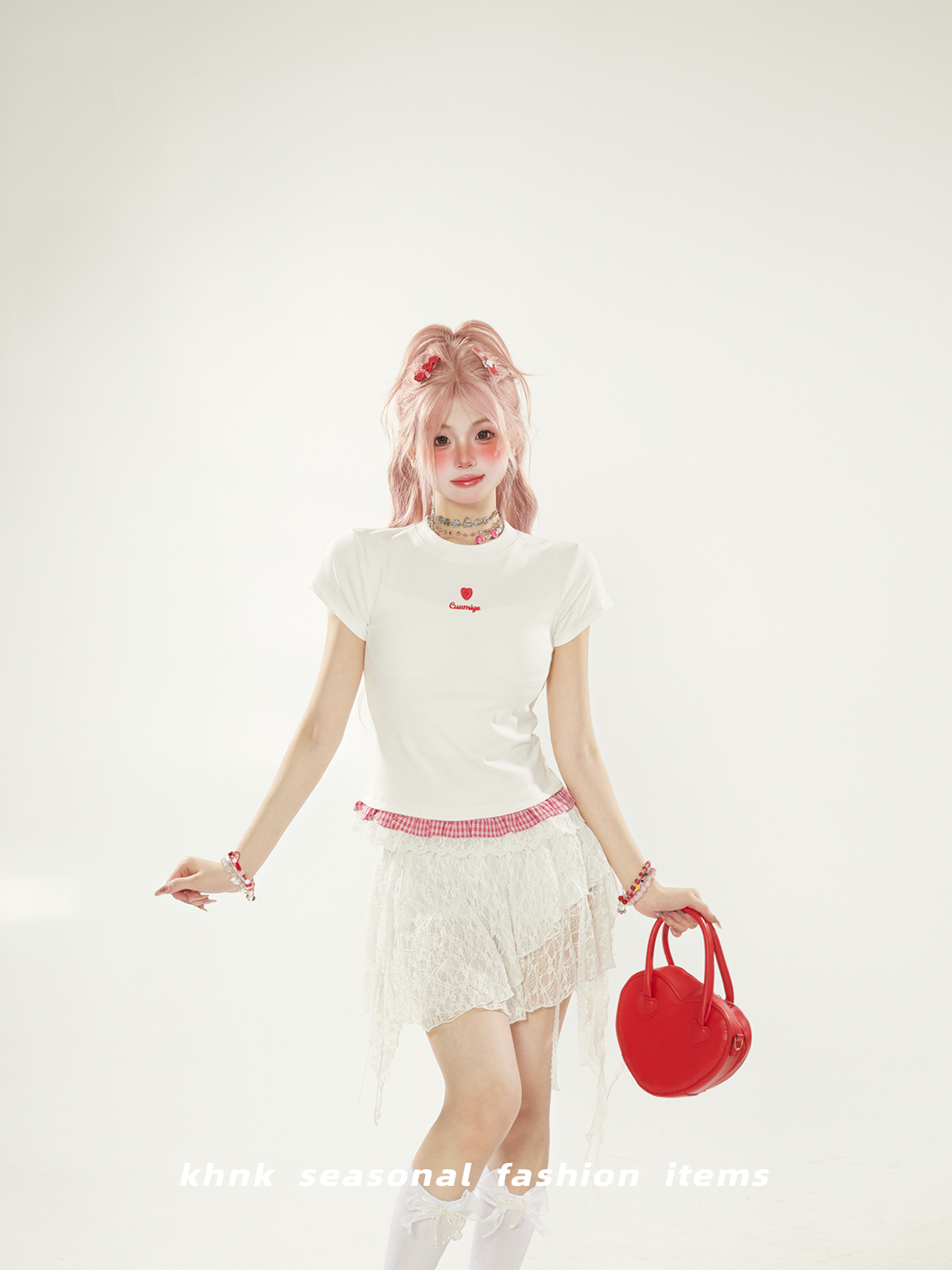 White Checkered Lace Spliced Shoulder Short Sleeve T-Shirt for Women - Summer Dopamine Outfit, Korean Style Slim Fashion Top White Checkered Lace Spliced Shoulder Short Sleeve T-Shirt for Women - Summer Dopamine Outfit, Korean Style Slim Fashion Top