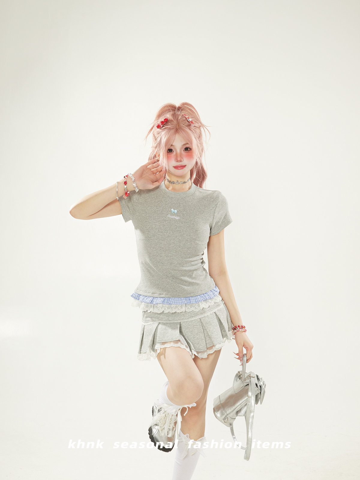 White Checkered Lace Spliced Shoulder Short Sleeve T-Shirt for Women - Summer Dopamine Outfit, Korean Style Slim Fashion Top