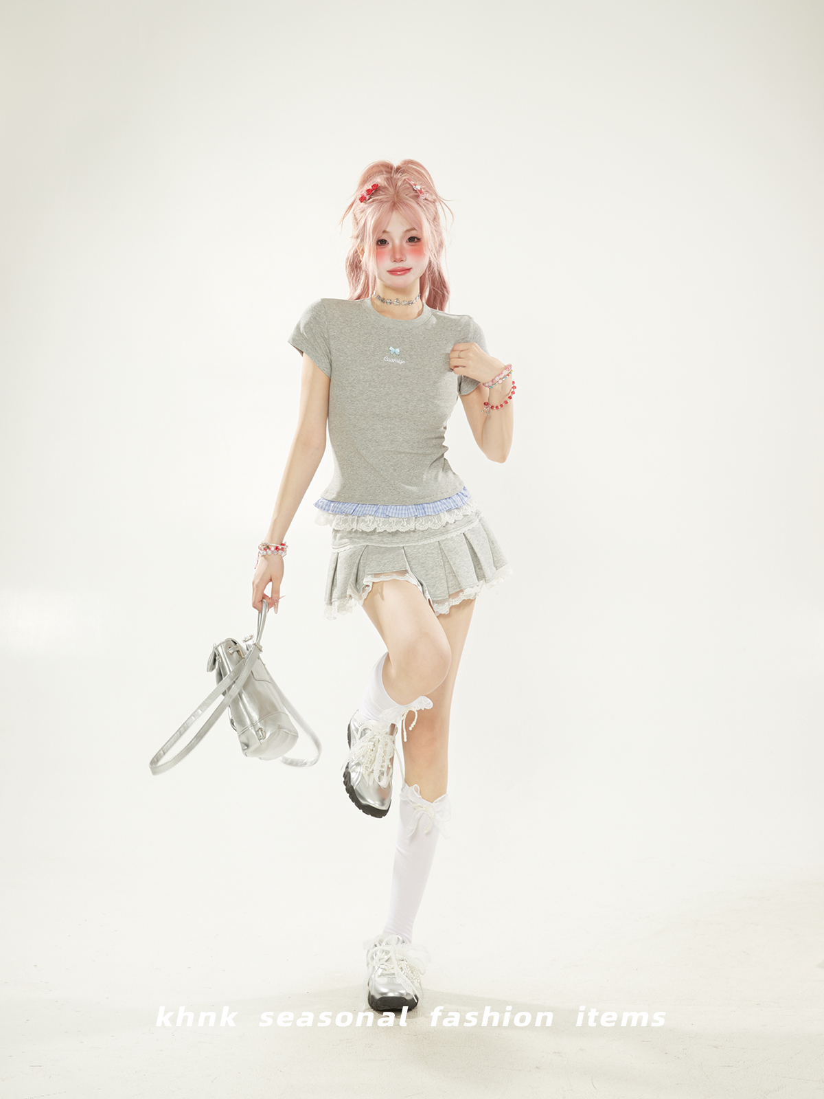 White Checkered Lace Spliced Shoulder Short Sleeve T-Shirt for Women - Summer Dopamine Outfit, Korean Style Slim Fashion Top