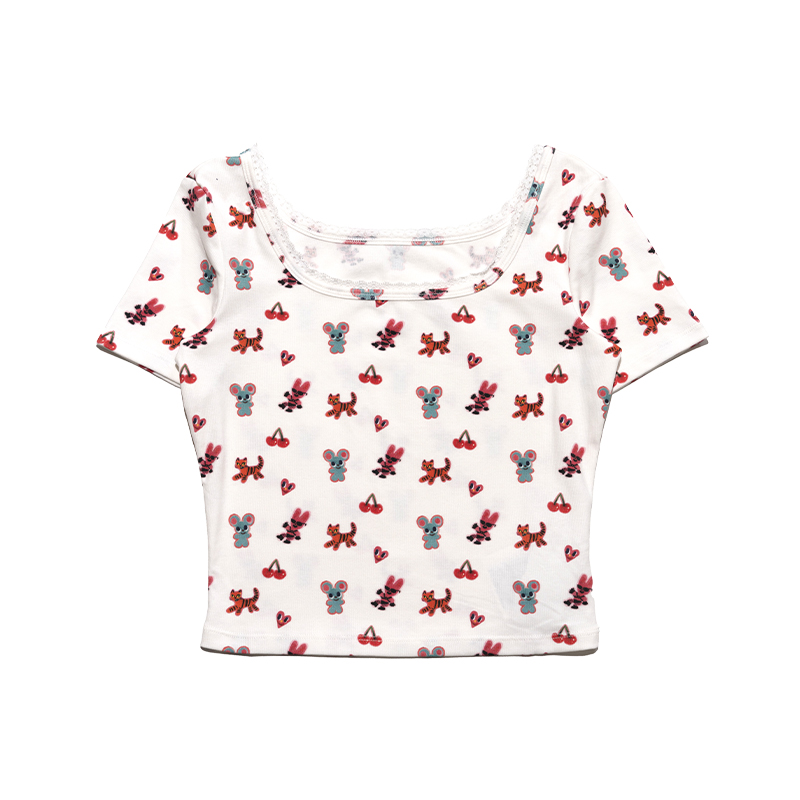 White Cherry Mouse Print U-Neck T-Shirt - Trendy Korean Style Tee, Cute Graphic Design, Perfect for Y2K Fashion Lovers