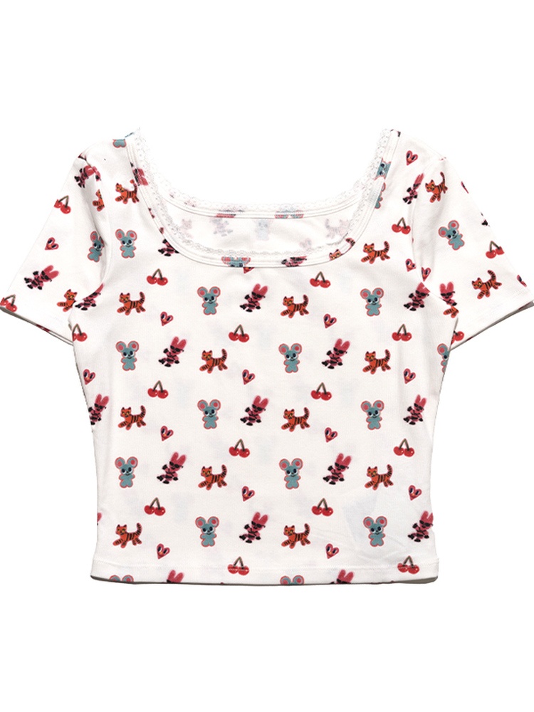 White Cherry Mouse Print U-Neck T-Shirt - Trendy Korean Style Tee, Cute Graphic Design, Perfect for Y2K Fashion Lovers White Cherry Mouse Print U-Neck T-Shirt - Trendy Korean Style Tee, Cute Graphic Design, Perfect for Y2K Fashion Lovers