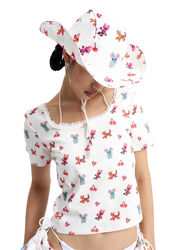 White Cherry Mouse Print U-Neck T-Shirt - Trendy Korean Style Tee, Cute Graphic Design, Perfect for Y2K Fashion Lovers White Cherry Mouse Print U-Neck T-Shirt - Trendy Korean Style Tee, Cute Graphic Design, Perfect for Y2K Fashion Lovers