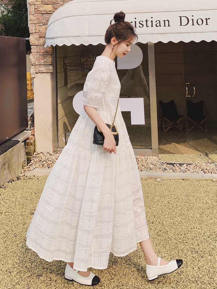 White Chiffon Dress with French Puff Sleeves for Women - Stunning Fairy Long Dress for Summer Beach Vacations 2025