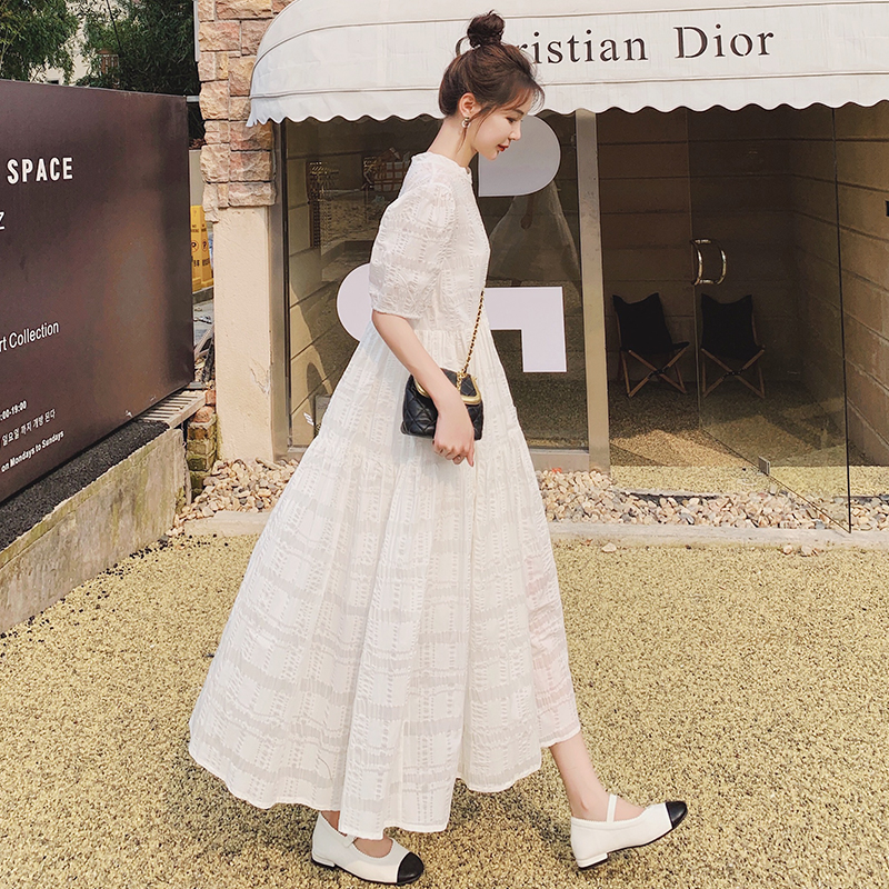 White Chiffon Dress with French Puff Sleeves for Women - Stunning Fairy Long Dress for Summer Beach Vacations 2025