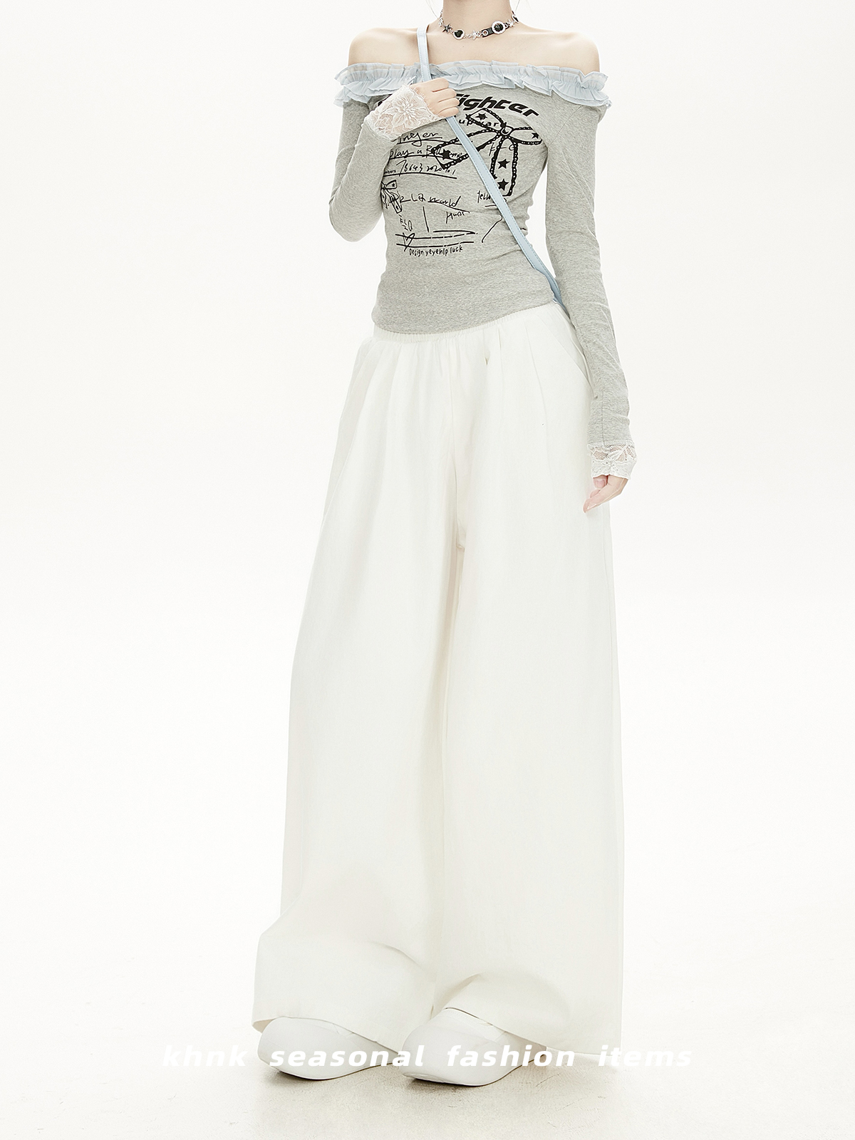 White Elastic Waist Draped Casual Pants for Women - 2025 Loose BF Style Wide-Leg Trousers, Trendy American Fashion