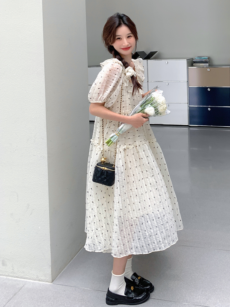 White Floral Chiffon Dress for Women - Summer Square Neck Puff Sleeve Loose Polka Dot Doll Dress, Perfect for 90s Style Looks