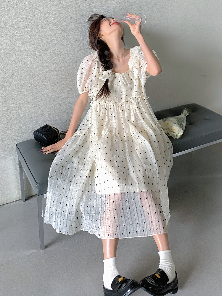 White Floral Chiffon Dress for Women - Summer Square Neck Puff Sleeve Loose Polka Dot Doll Dress, Perfect for 90s Style Looks White Floral Chiffon Dress for Women - Summer Square Neck Puff Sleeve Loose Polka Dot Doll Dress, Perfect for 90s Style Looks
