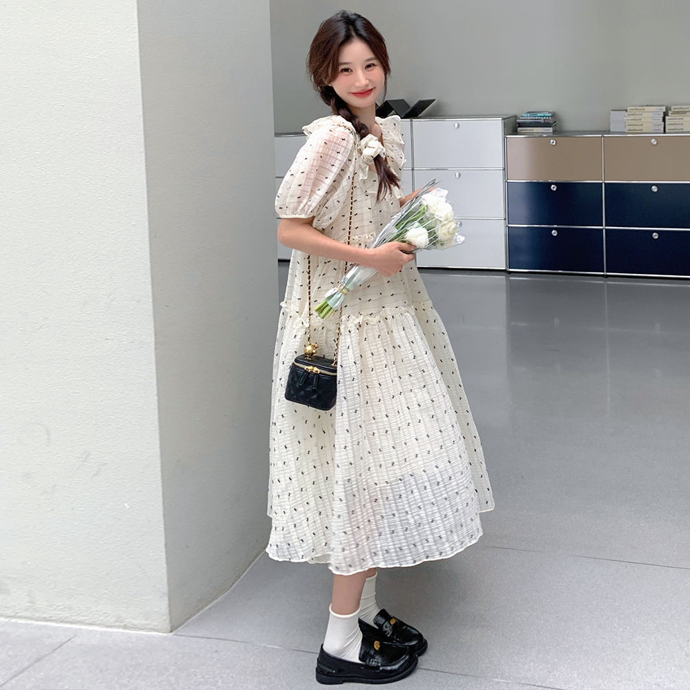 White Floral Chiffon Dress for Women - Summer Square Neck Puff Sleeve Loose Polka Dot Doll Dress, Perfect for 90s Style Looks