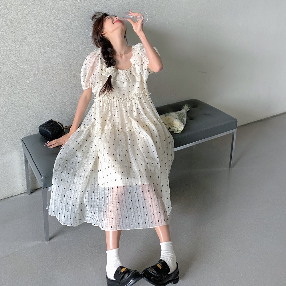 White Floral Chiffon Dress for Women - Summer Square Neck Puff Sleeve Loose Polka Dot Doll Dress, Perfect for 90s Style Looks White Floral Chiffon Dress for Women - Summer Square Neck Puff Sleeve Loose Polka Dot Doll Dress, Perfect for 90s Style Looks