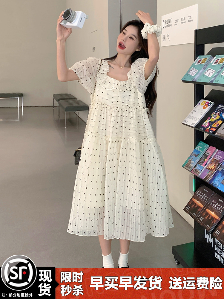 White Floral Chiffon Dress for Women - Summer Square Neck Puff Sleeve Loose Polka Dot Doll Dress, Perfect for 90s Style Looks White Floral Chiffon Dress for Women - Summer Square Neck Puff Sleeve Loose Polka Dot Doll Dress, Perfect for 90s Style Looks