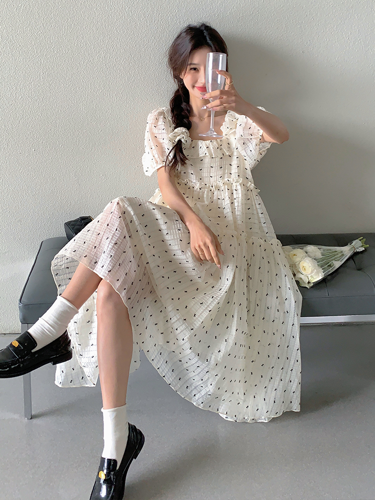 White Floral Chiffon Dress for Women - Summer Square Neck Puff Sleeve Loose Polka Dot Doll Dress, Perfect for 90s Style Looks White Floral Chiffon Dress for Women - Summer Square Neck Puff Sleeve Loose Polka Dot Doll Dress, Perfect for 90s Style Looks