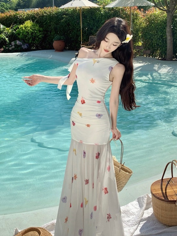 White Floral Off-Shoulder Tulle Dress - Lightweight Flowing French-Style Long Dress for Women - Perfect for Vacation & Summer Events White Floral Off-Shoulder Tulle Dress - Lightweight Flowing French-Style Long Dress for Women - Perfect for Vacation & Summer Events