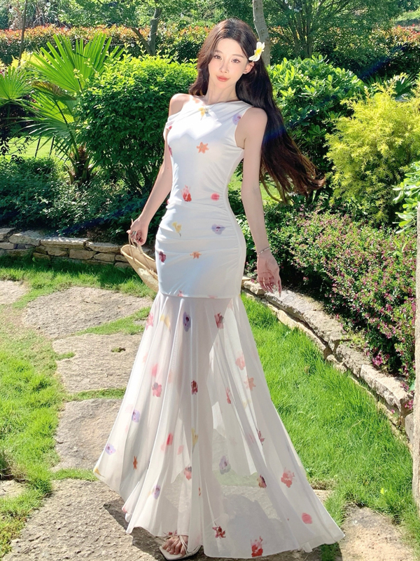 White Floral Off-Shoulder Tulle Dress - Lightweight Flowing French-Style Long Dress for Women - Perfect for Vacation & Summer Events White Floral Off-Shoulder Tulle Dress - Lightweight Flowing French-Style Long Dress for Women - Perfect for Vacation & Summer Events