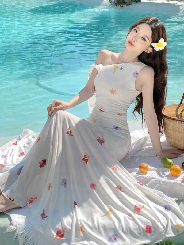 White Floral Off-Shoulder Tulle Dress - Lightweight Flowing French-Style Long Dress for Women - Perfect for Vacation & Summer Events White Floral Off-Shoulder Tulle Dress - Lightweight Flowing French-Style Long Dress for Women - Perfect for Vacation & Summer Events