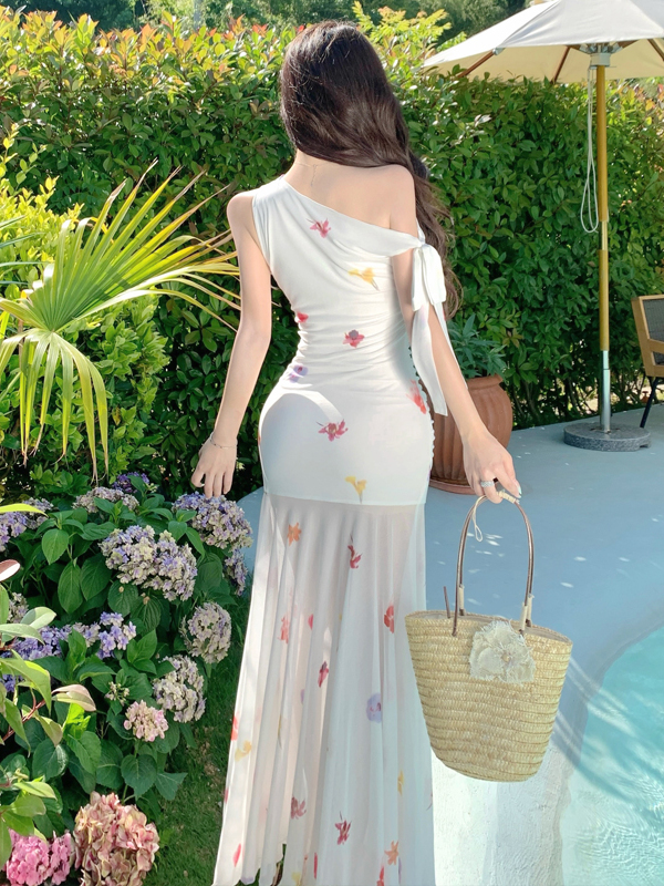 White Floral Off-Shoulder Tulle Dress - Lightweight Flowing French-Style Long Dress for Women - Perfect for Vacation & Summer Events White Floral Off-Shoulder Tulle Dress - Lightweight Flowing French-Style Long Dress for Women - Perfect for Vacation & Summer Events