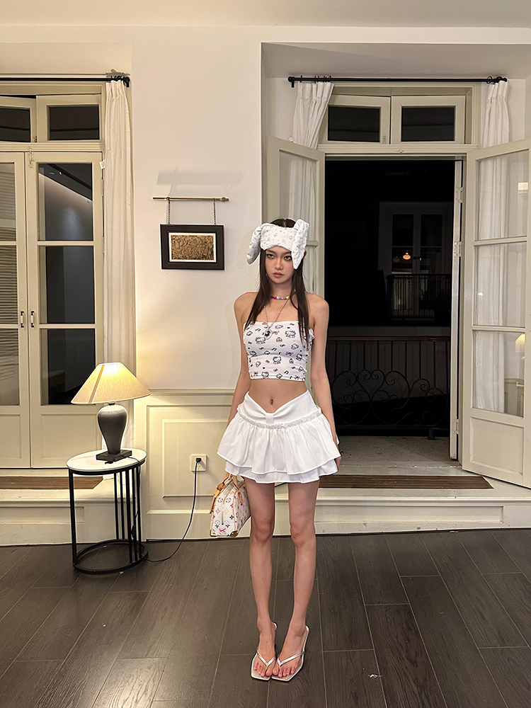 White Flower Bud Pleated Skirt - Simple Anti-Exposure Short Puff Skirt for Girls - Perfect for Hot Girl Summer & 90s Style