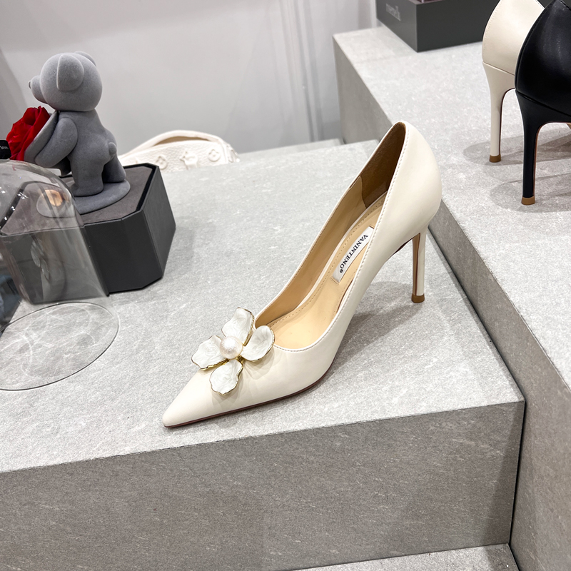 White Genuine Leather Fairy Style Pointed Toe High Heels for Women - Fresh Gardenia Design, Elegant Temperament, Perfect for Any Occasion