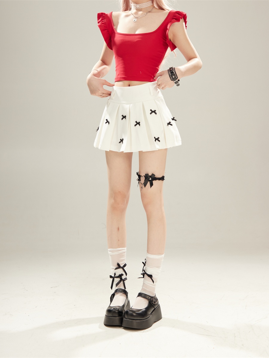 White High-Waisted Pleated Skirt with Bow Decoration - Spicy Girl Summer Fashion, Versatile Short Skirt for 90s Y2K Style