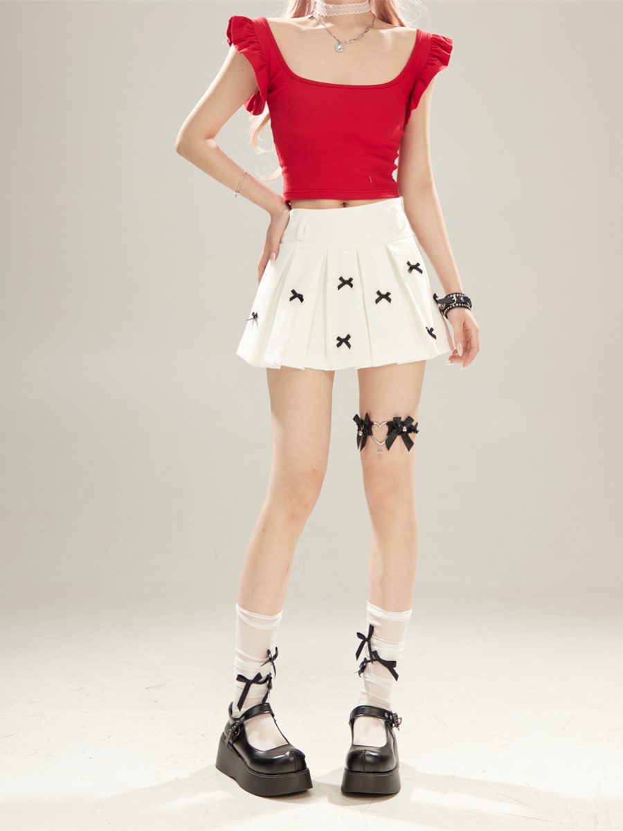 White High-Waisted Pleated Skirt with Bow Decoration - Spicy Girl Summer Fashion, Versatile Short Skirt for 90s Y2K Style White High-Waisted Pleated Skirt with Bow Decoration - Spicy Girl Summer Fashion, Versatile Short Skirt for 90s Y2K Style
