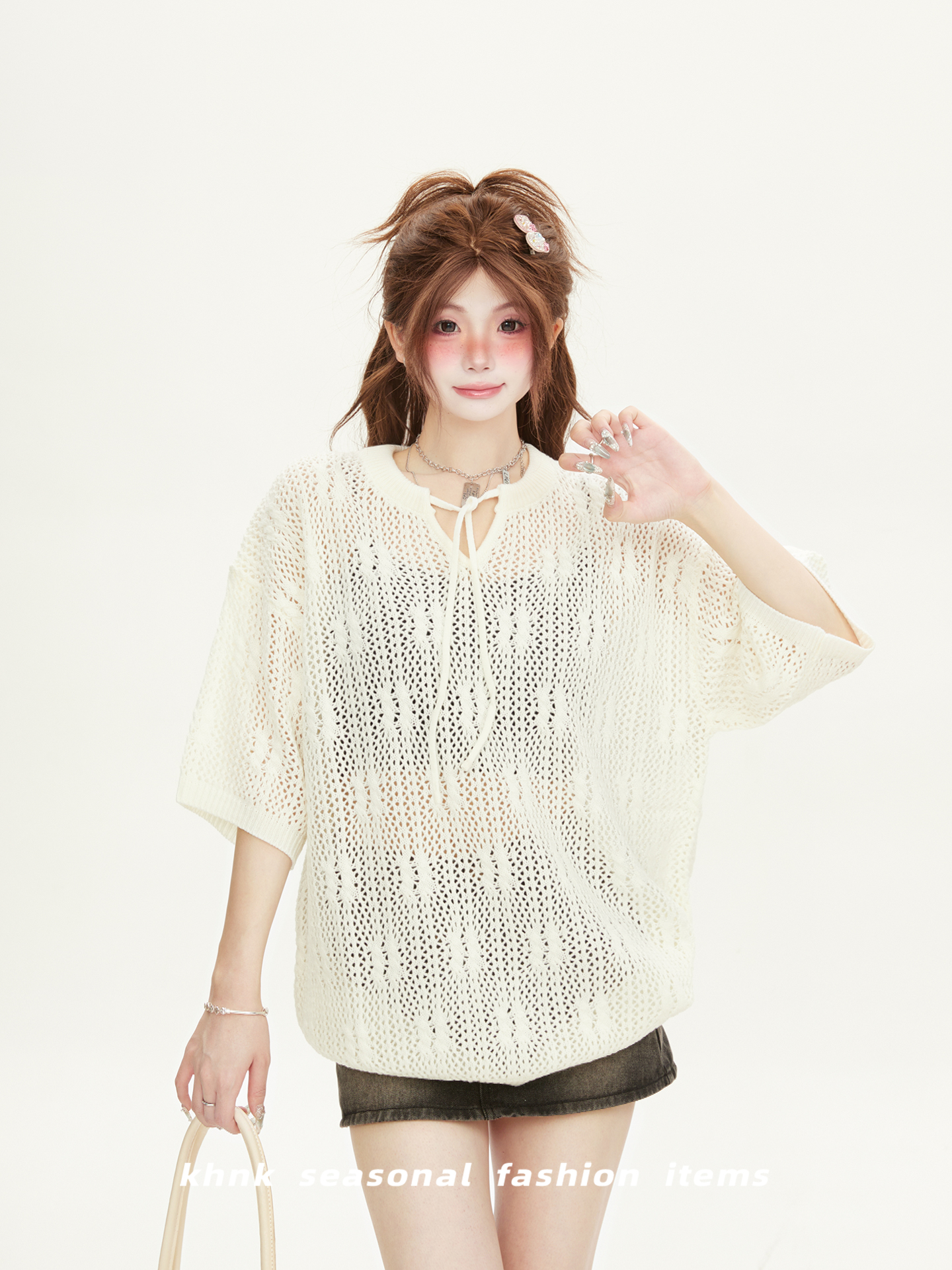 White Hollow Lace Crochet Short-Sleeve T-Shirt for Women â€“ Trendy Loose Knit Summer Top, High-End Niche Fashion
