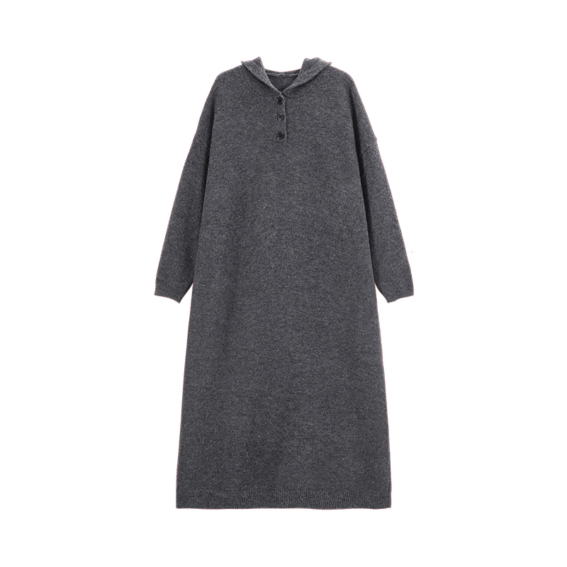 White Hooded Long-Sleeve Knitted Sweater Dress for Women - Korean Style, Loose Fit, Over-the-Knee, Autumn Winter Fashion