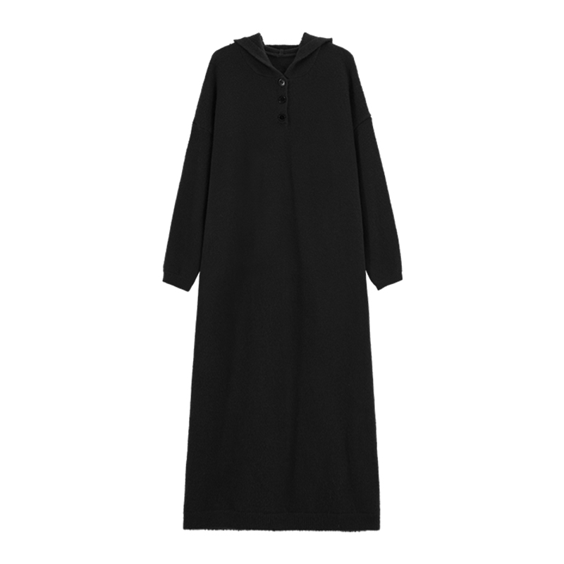 White Hooded Long-Sleeve Knitted Sweater Dress for Women - Korean Style, Loose Fit, Over-the-Knee, Autumn Winter Fashion White Hooded Long-Sleeve Knitted Sweater Dress for Women - Korean Style, Loose Fit, Over-the-Knee, Autumn Winter Fashion