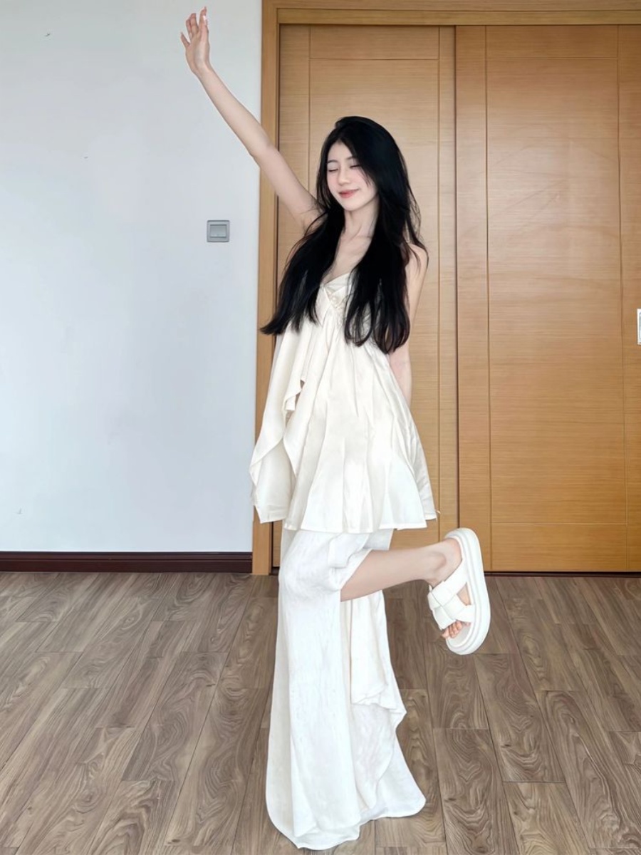 White Irregular V-Neck Camisole and Split Wide-Leg Pants Summer Vacation Set for Women - Casual 90s Inspired Fashion White Irregular V-Neck Camisole and Split Wide-Leg Pants Summer Vacation Set for Women - Casual 90s Inspired Fashion