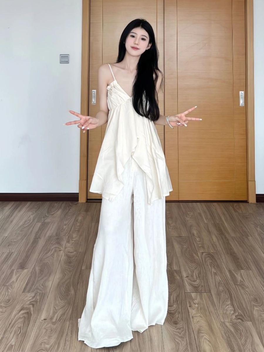 White Irregular V-Neck Camisole and Split Wide-Leg Pants Summer Vacation Set for Women - Casual 90s Inspired Fashion