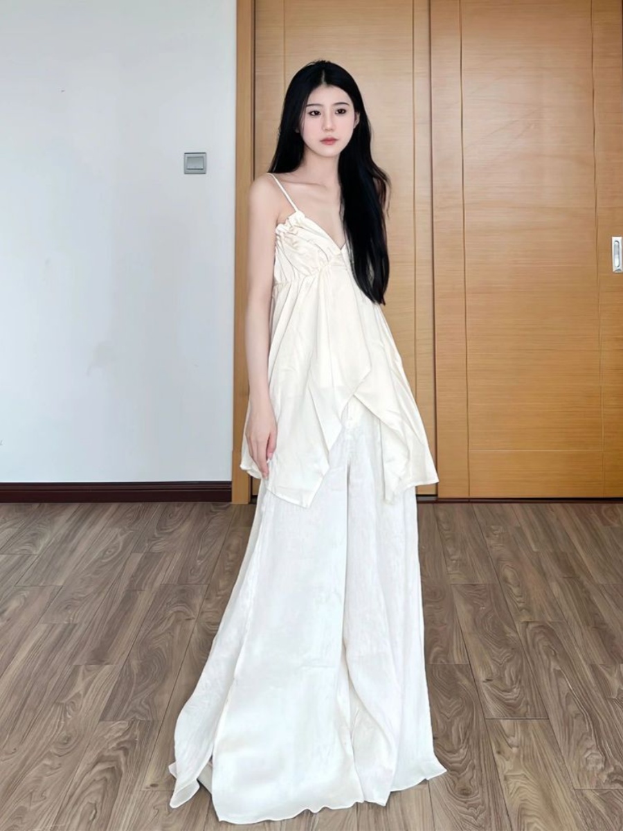 White Irregular V-Neck Camisole and Split Wide-Leg Pants Summer Vacation Set for Women - Casual 90s Inspired Fashion