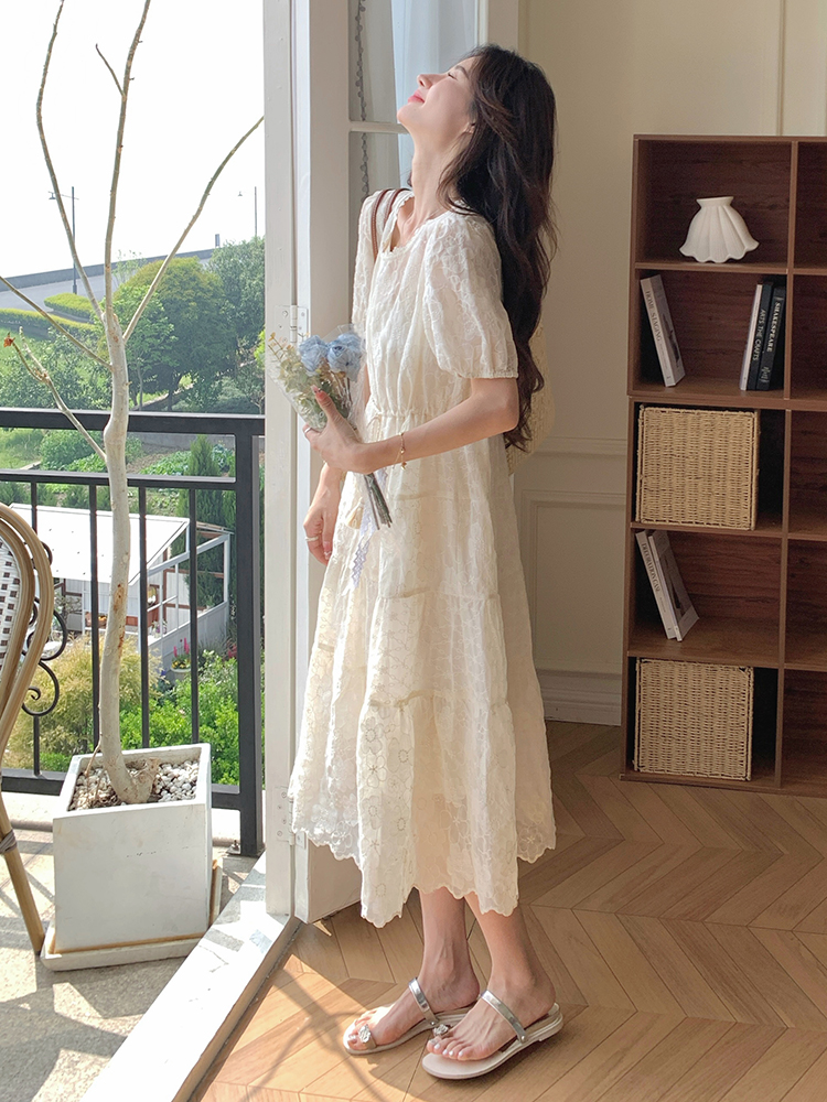 White Jacquard Sheer Dress for Women - Fairy-Like Loose Long Summer Dress for Beach Vacation 2025, Elegant and Romantic Style