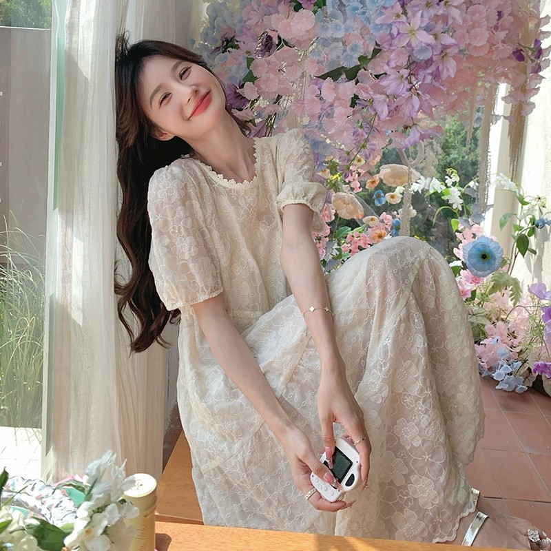 White Jacquard Sheer Dress for Women - Fairy-Like Loose Long Summer Dress for Beach Vacation 2025, Elegant and Romantic Style White Jacquard Sheer Dress for Women - Fairy-Like Loose Long Summer Dress for Beach Vacation 2025, Elegant and Romantic Style