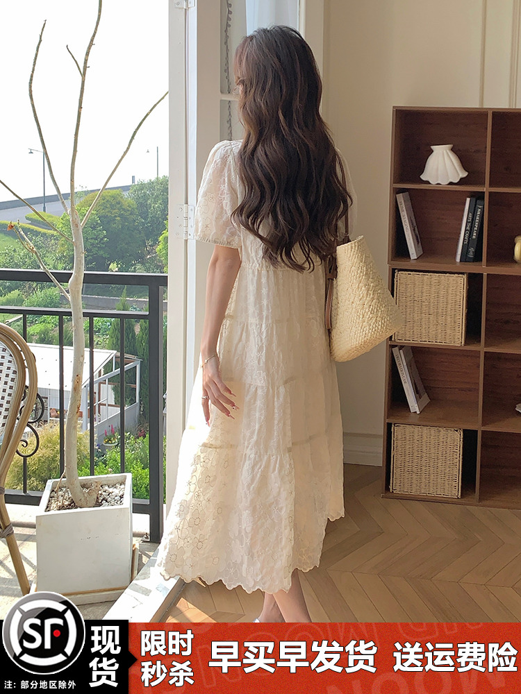 White Jacquard Sheer Dress for Women - Fairy-Like Loose Long Summer Dress for Beach Vacation 2025, Elegant and Romantic Style White Jacquard Sheer Dress for Women - Fairy-Like Loose Long Summer Dress for Beach Vacation 2025, Elegant and Romantic Style