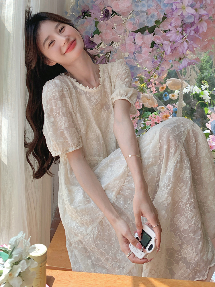 White Jacquard Sheer Dress for Women - Fairy-Like Loose Long Summer Dress for Beach Vacation 2025, Elegant and Romantic Style White Jacquard Sheer Dress for Women - Fairy-Like Loose Long Summer Dress for Beach Vacation 2025, Elegant and Romantic Style