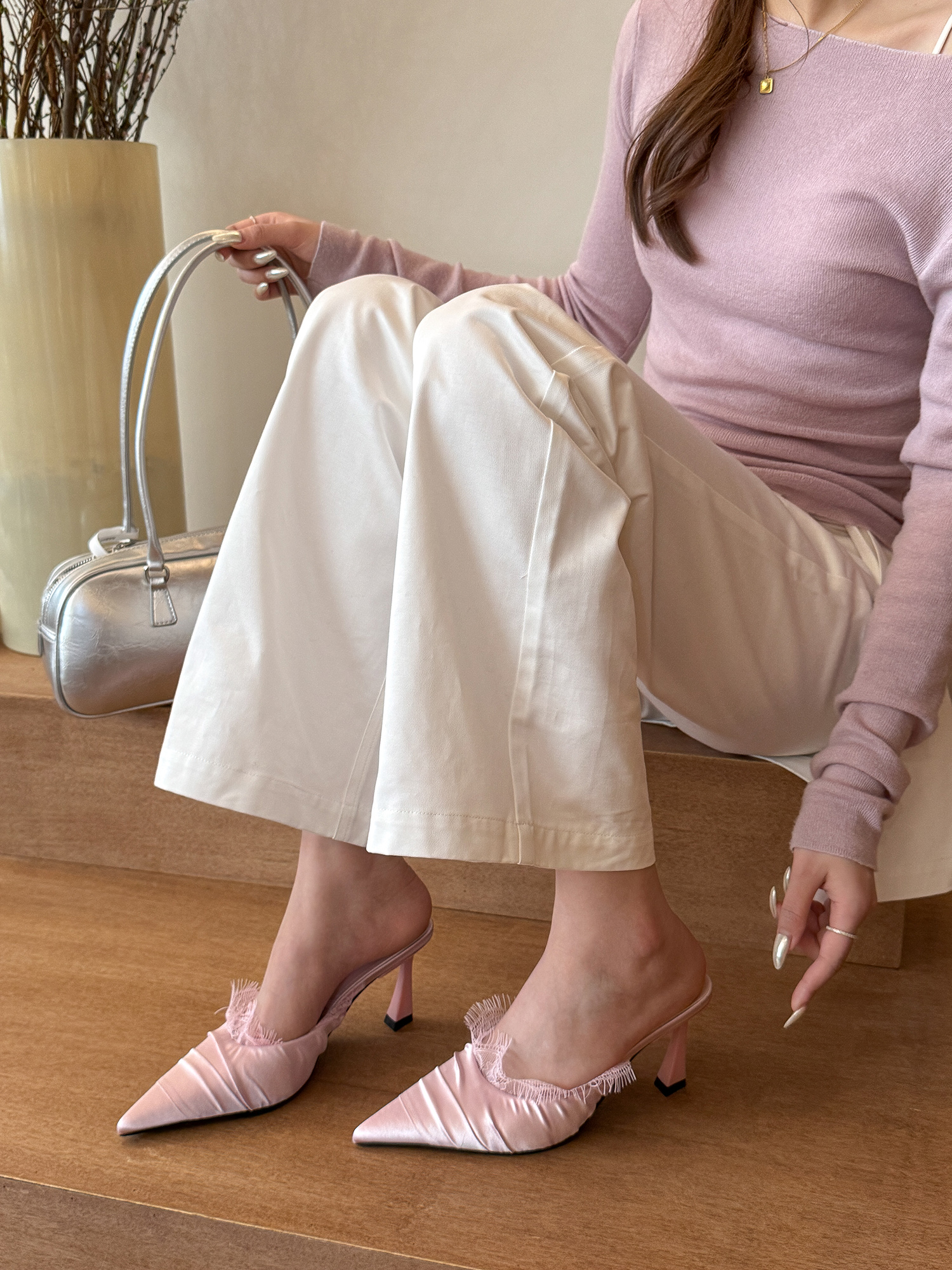 White Lace Pointed Toe High Heels for Women - Elegant Thin Heel Spring Mules, Perfect for 90s and Y2K Style Outfits