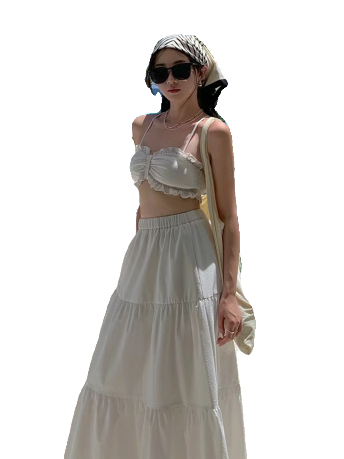 White Padded Strap Tank Top and High-Waisted Cake Skirt Two-Piece Set for Women - Summer Seaside Vacation Style White Padded Strap Tank Top and High-Waisted Cake Skirt Two-Piece Set for Women - Summer Seaside Vacation Style