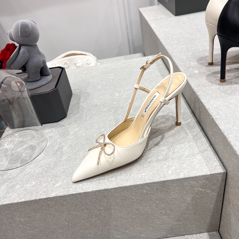 White Pointed Toe High-Heeled Hollow Sandals with One-Strap Bow - Elegant Women's Footwear for 90s and Y2K Style