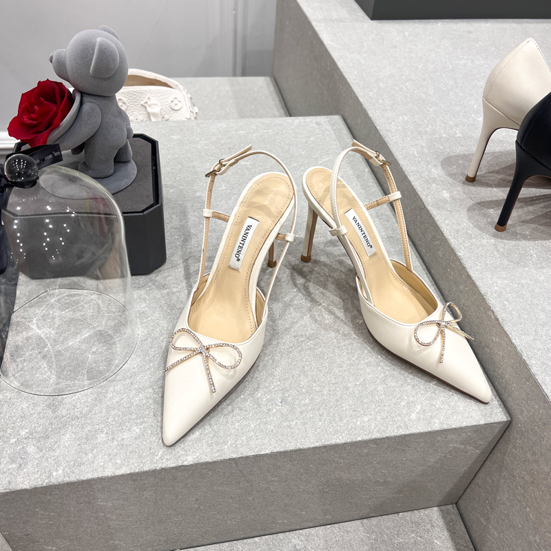 White Pointed Toe High-Heeled Hollow Sandals with One-Strap Bow - Elegant Women's Footwear for 90s and Y2K Style