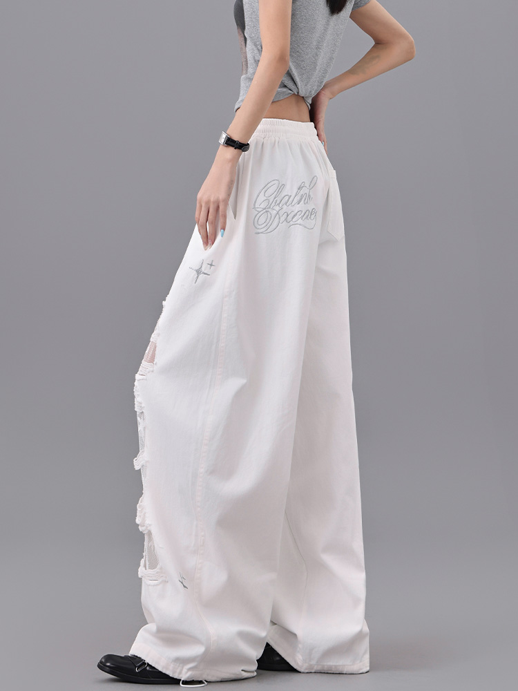 White Ripped Patchwork Lace Dance Long Pants for Women - High Waist Drawstring Casual Summer Trousers, Y2K Style White Ripped Patchwork Lace Dance Long Pants for Women - High Waist Drawstring Casual Summer Trousers, Y2K Style