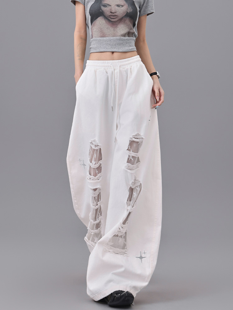 White Ripped Patchwork Lace Dance Long Pants for Women - High Waist Drawstring Casual Summer Trousers, Y2K Style White Ripped Patchwork Lace Dance Long Pants for Women - High Waist Drawstring Casual Summer Trousers, Y2K Style