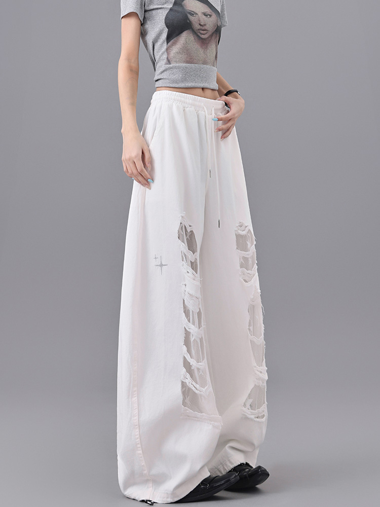 White Ripped Patchwork Lace Dance Long Pants for Women - High Waist Drawstring Casual Summer Trousers, Y2K Style